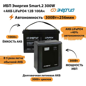 ИБП для котла Энергия Smart 2 300Вт + LiFePO4 Аккумулятор 12v 100Ah (300Вт - 256мин) - ИБП и АКБ - ИБП Энергия - ИБП для котлов отопления - omvolt.ru
